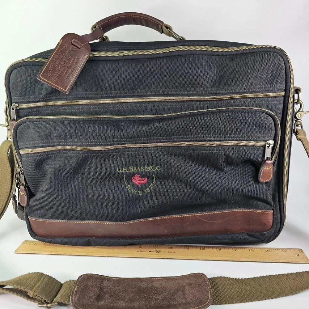 Vtg GH Bass Messenger Briefcase Shoulder Laptop Padded Leather Nylon Zip Case